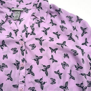 CATHERINES Womens 1X Lavender Purple Butterfly Button Up Collar Blouse Top Shirt